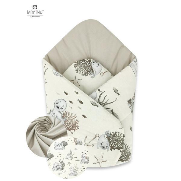 MimiNu - Paturica de infasat cu doua fete, Cu multiple utilizari, Cu inchidere arici velcro, Dimensiune 75x75 cm, Din bumbac, Design, Seal Beige