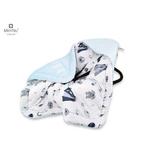 MimiNu - Paturica de infasat pentru scoica, scaun auto/carucior, Cu gluga si urechi, Cu sistem de prindere pe baza de velcro, Dimensiune 90x90 cm, Din tesatura pufoasa Minky + Bumbac, Baby Shower Blue