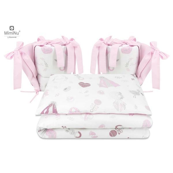 MimiNu - Lenjerie patut cu 4 piese, Cu doua protectii laterale, Baby Shower Pink, Din bumbac, Pentru patut 120x60 cm