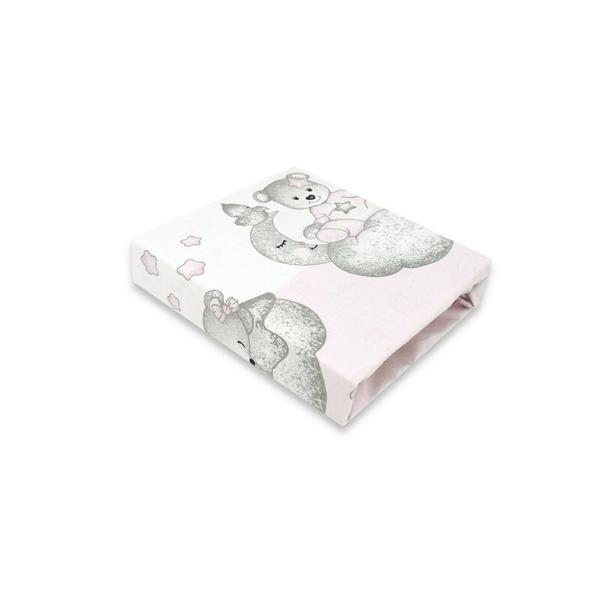 Qmini - Cearceaf cu elastic pentru patut 120x60 cm, Din bumbac, Teddy Bear with Pink Heart