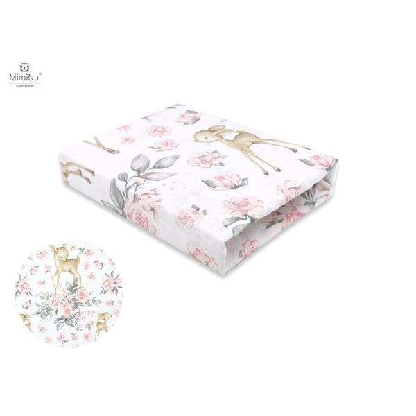 MimiNu - Cearceaf cu elastic pentru patut leagan sau patut co-sleeper, Dimensiune 90x40 cm, Din bumbac, Sweet Deer Pink 