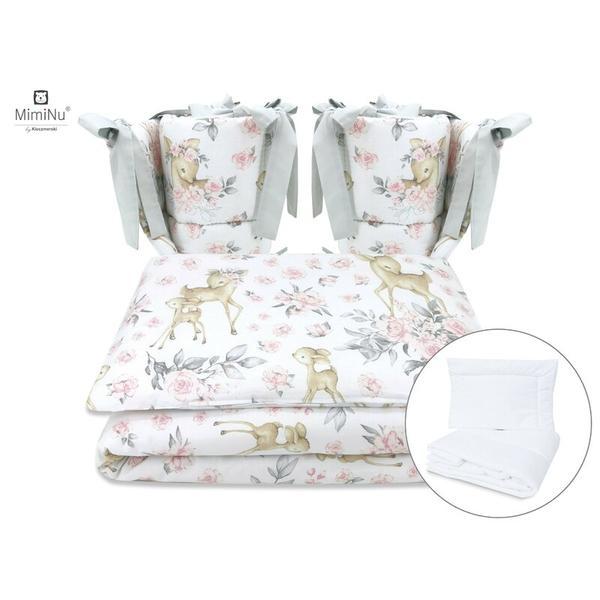 MimiNu - Set lenjerie patut cu 6 piese, Cu pilota si perna, Cu doua aparatori laterale, Din bumbac, Pentru patut 120x60 cm, Sweet Deer Pink