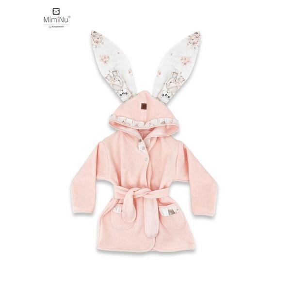 MimiNu - Halat de baie cu urechi 6 - 36 luni, Moale, Cu volanase, Cu buzunare, Cu cordon, Din bumbac thermo fleece, Design, Powdery Pink Ballerina