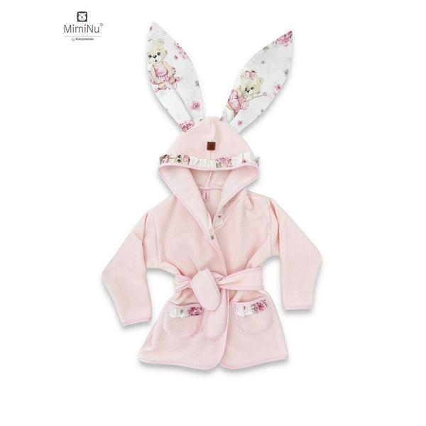 MimiNu - Halat de baie cu urechi 6 - 36 luni, Moale, Cu volanase, Cu buzunare, Cu cordon, Din bumbac thermo fleece, Design, Pink Ballerina