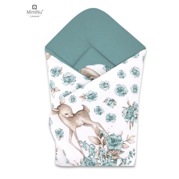 MimiNu - Paturica de infasat cu doua fete, Cu multiple utilizari, Cu inchidere arici velcro, Dimensiune 75x75 cm, Din bumbac, Sweet Deer Mint