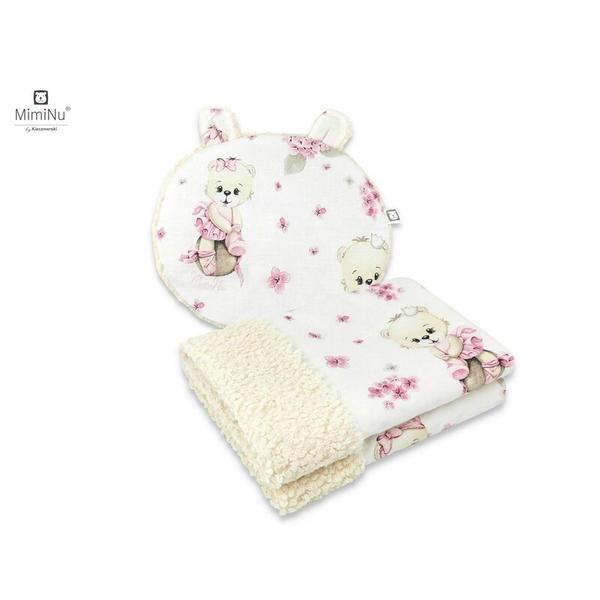 MimiNu - Set paturica calduroasa 70x100 cm si perna ergonomica Ursulet 33x27 cm, Cu doua fete si urechi, Din tesatura imitatie de lana si bumbac, Ecru Pink Ballerina