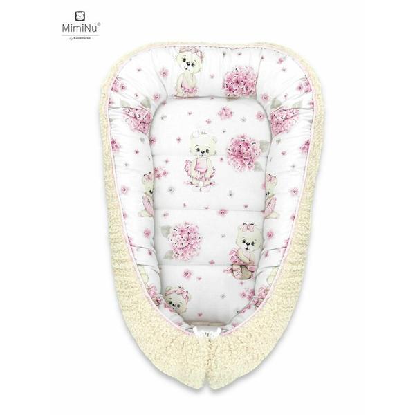 MimiNu - Cosulet bebelus pentru dormit, Baby Cocoon 75x55 cm, Cu doua fete, Din tesatura imitatie de lana si bumbac, Ecru Pink Ballerina