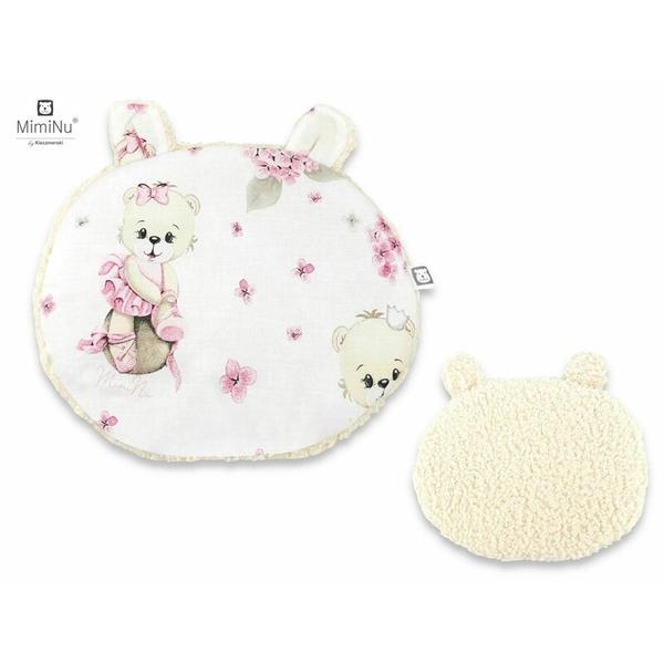 MimiNu - Perna ergonomica Ursulet, Cu doua fete si cu doua urechi, Dimensiune 33x27 cm, Din tesatura imitatie de lana si bumbac, Pentru carucior, scoica/scaun auto, balansoar, Ecru Pink Ballerina