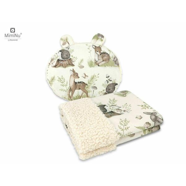 MimiNu - Set paturica calduroasa 70x100 cm si perna ergonomica Ursulet 33x27 cm, Cu doua fete si urechi, Din tesatura imitatie de lana si bumbac, Ecru Calm Forest Natural