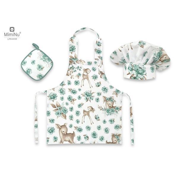 MimiNu - Set Micutul bucatar, Cu sort, o boneta si accesoriu pentru vase calde, Sweet Deer Mint