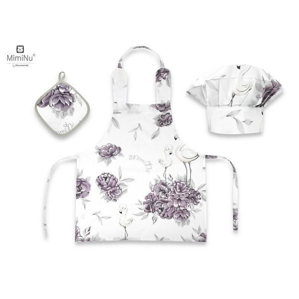 MimiNu - Set Micutul bucatar, Cu sort, o boneta si accesoriu pentru vase calde, Peonie Plum