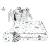 MimiNu - Lenjerie patut 3 piese, Cu protectie laterala, Forest friends Grey/Mint, Din bumbac, Pentru patut 120x60 cm