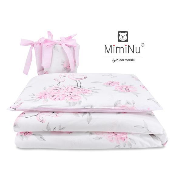 MimiNu - Lenjerie patut 3 piese, Cu protectie laterala, Peonie Pink, Din bumbac, Pentru patut 120x60 cm