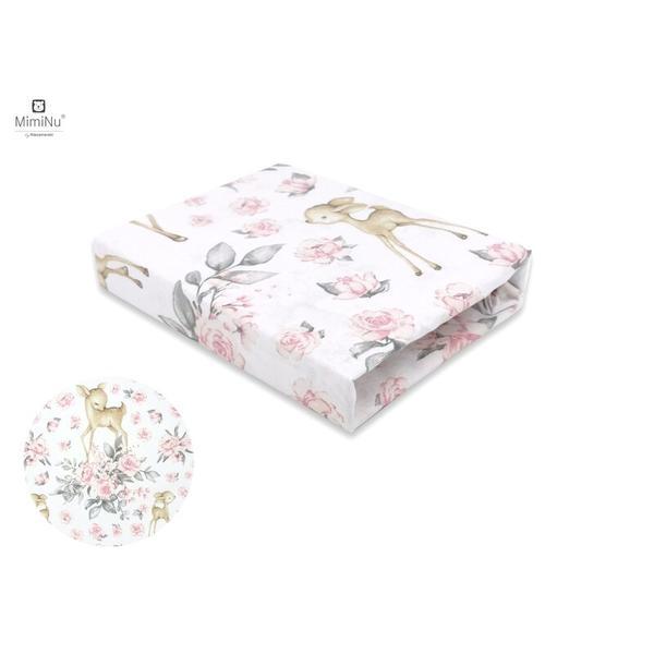 MimiNu - Cearceaf cu elastic pentru patut 120X60 cm, Din bumbac, Sweet Deer Pink