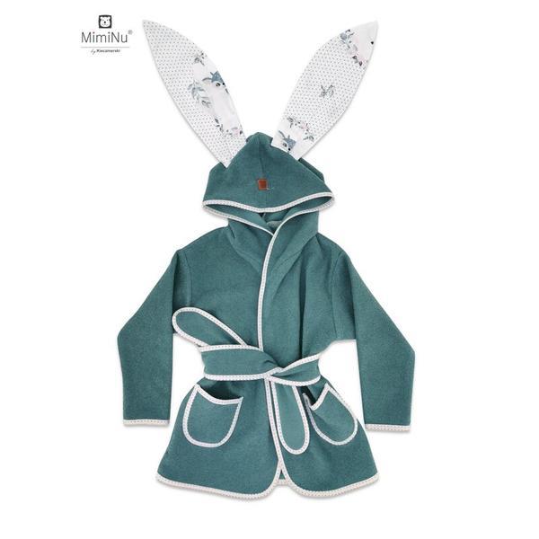 MimiNu - Halat de baie cu urechi 6 - 36 luni, Moale, Cu buzunare, Cu cordon, Din bumbac thermo fleece, Deer green