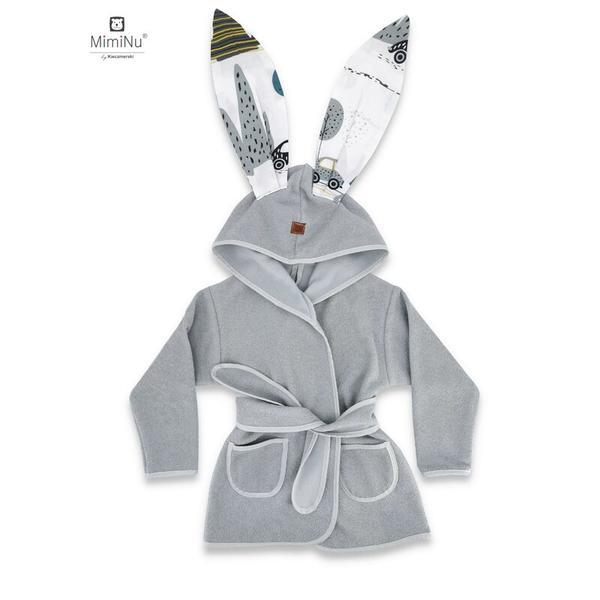 MimiNu - Halat de baie cu urechi 6 - 36 luni, Moale, Cu buzunare, Cu cordon, Din bumbac thermo fleece, Grey/Childrens Journey grey