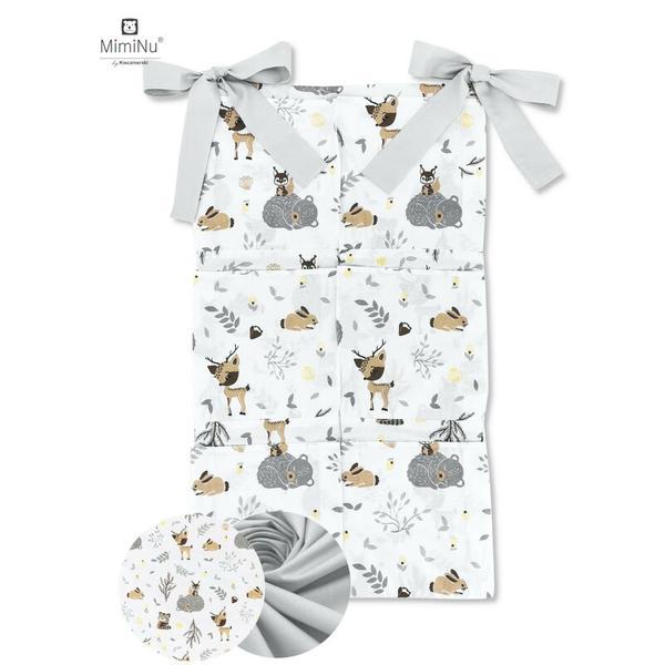 MimiNu - Organizator pentru patut, Din bumbac, Cu 6 compartimente, Cu doua panglici, 70x40 cm, Forest friends Grey/Beige