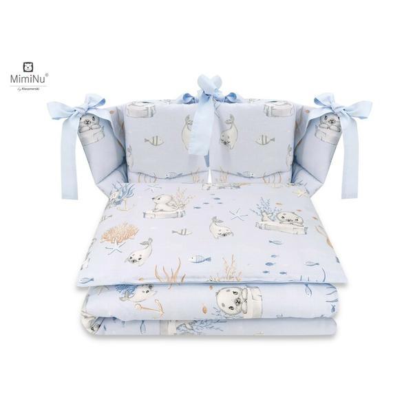 MimiNu - Lenjerie patut cu 4 piese, Cu doua protectii laterale, Design, Seal Blue, Din bumbac, Pentru patut 120x60 cm