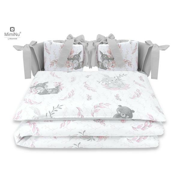 MimiNu - Lenjerie patut cu 4 piese, Cu doua protectii laterale, Lulu Rose, Din bumbac, Pentru patut 120x60 cm