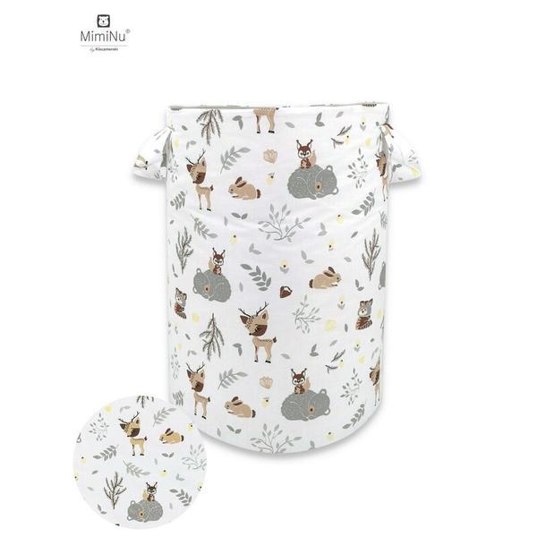 MimiNu - Cos rotund pentru depozitare jucarii, Din bumbac, Cu manere, 50x35 cm, Forest Friends Beige