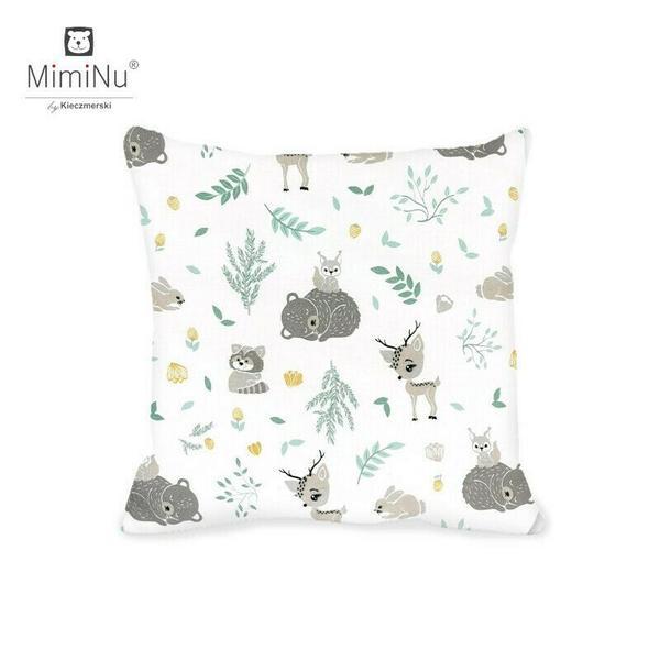 MimiNu - Perna clasica de dormit, Cu husa detasabila cu fermoar, Din bumbac, 40x40 cm, Forest friends Grey/Mint