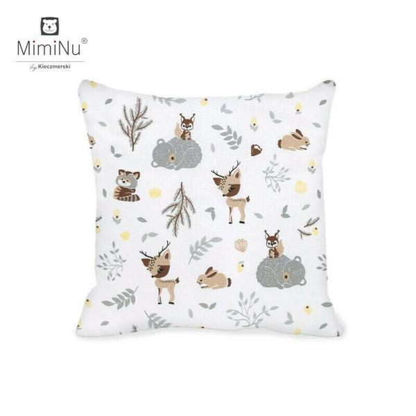 MimiNu - Perna clasica de dormit, Cu husa detasabila cu fermoar, Din bumbac, 40x40 cm, Forest friends Grey/Beige