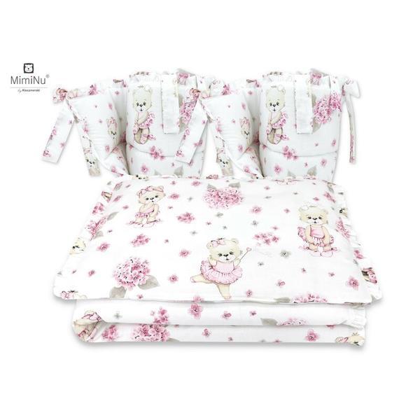 MimiNu - Lenjerie patut cu 4 piese, Cu doua protectii laterale, Cu volanase, Design, Pink Ballerina, Din bumbac, Pentru patut 120x60 cm