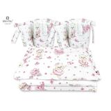 MimiNu - Lenjerie patut cu 4 piese, Cu doua protectii laterale, Cu volanase, Design, Pink Ballerina, Din bumbac, Pentru patut 120x60 cm