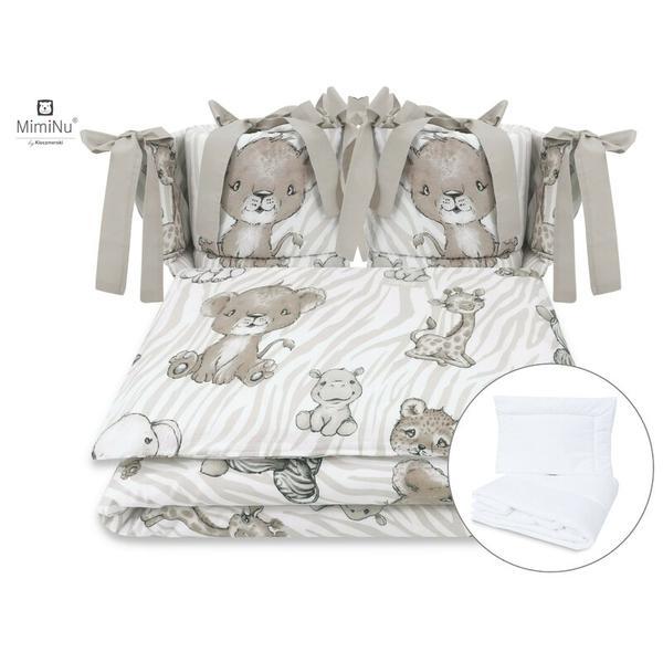 MimiNu - Set lenjerie patut cu 6 piese, Cu pilota si perna, Cu doua aparatori laterale, Din bumbac, Pentru patut 120x60 cm, Safari Beige