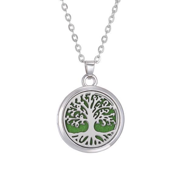 Set Medalion cu lant si 10 discuri fetru pentru aromaterapie uleiuri esentiale, Tree of Life, argintiu