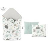 MimiNu - Set paturica de infasat cu doua fete, Dimensiune 75x75 cm + Perna bebelusi profilata, Cu doua fete, Cu functie anti-soc, Dimensiune 23x26 cm, Materiale certificate Oeko Tex Standard 100, Forest Friends Mint