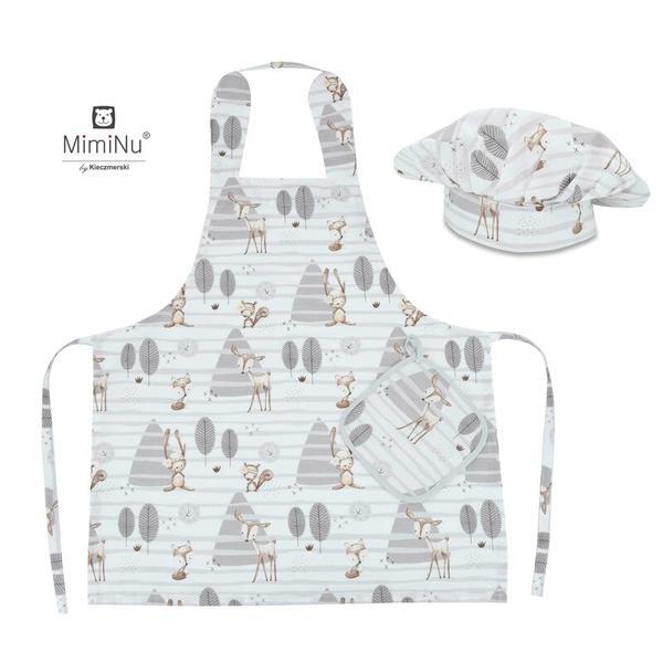 MimiNu - Set Micutul bucatar, Cu sort, o boneta si accesoriu pentru vase calde, Forest