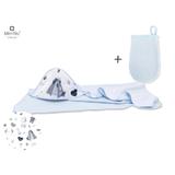 MimiNu - Set prosop mare cu gluga, Dimensiune 100x100 cm + Manusa de baie bebelusi, 12x21 cm, Materiale certificate Oeko Tex Standard 100, Baby Shower Blue