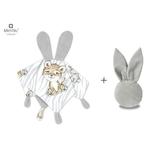 MimiNu - Set jucarie de plus cu urechi si labute din catifea si bumbac + Jucarie zornaitoare Mini Bunny din catifea matlasata, Materiale certificat Oeko Tex Standard 100, Safari Natural/Grey