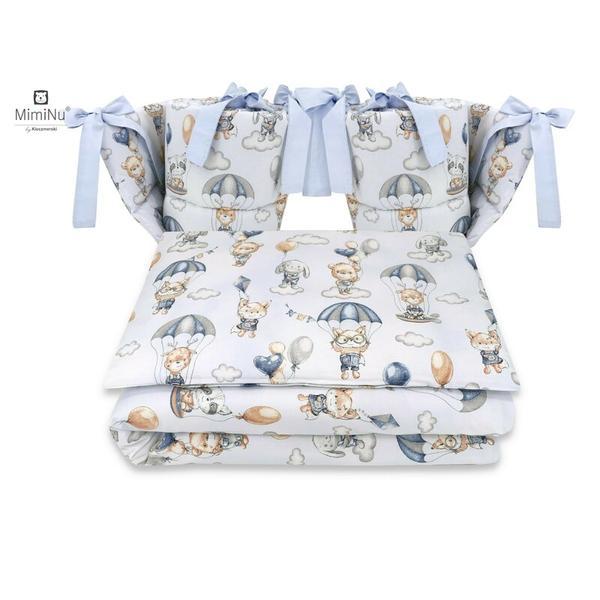 MimiNu - Lenjerie patut cu 4 piese, Cu doua protectii laterale, Parachutes Blue, Din bumbac, Pentru patut 120x60 cm