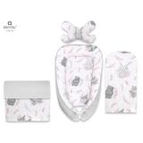 MimiNu - Set 4 in 1 Cosulet bebelus Baby Cocoon 90x50 cm, Husa 100% bumbac, Cu paturica cu doua fete 50x70 cm, Cu salteluta 60x32 cm, Cu perna fluture cu doua fete 40x27 cm, Lulu Rose