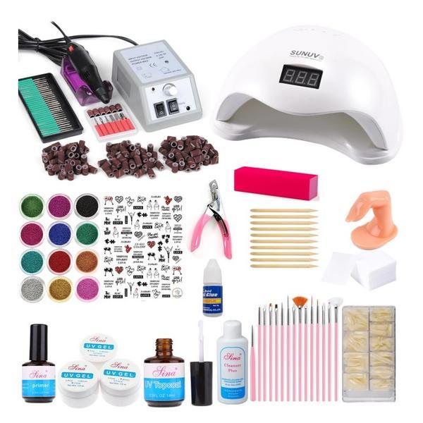 Kit unghii false, Lampa unghii SUN 5 48w, freza pila electrica unghii 20.000 rpm, si 440 accesorii nail art pentru manichiura si pedichiura