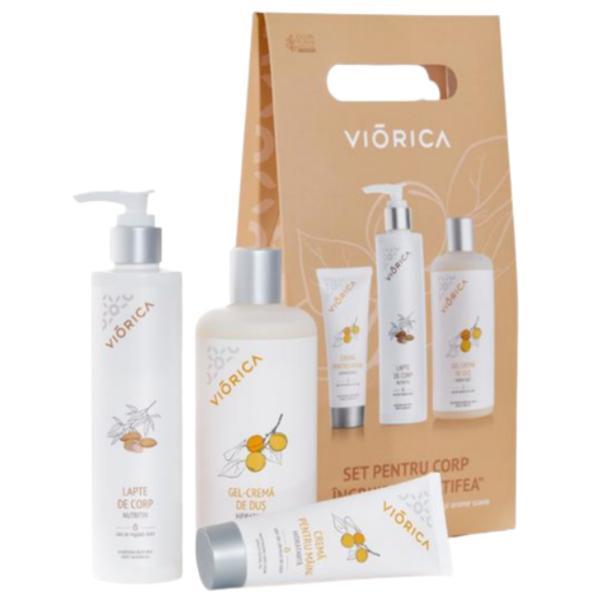 Set Cadou pentru corp - Ingrijire de catifea - Lapte de corp, 250 ml, Crema de maini, 75 ml, Gel de dus, 500 ml