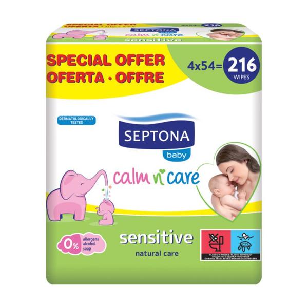 Servetele Umede pentru Pielea Sensibila a Bebelusilor - Septona Baby Calm'n'Care Sensitive Wipes, 54 servetele x 4 pachete