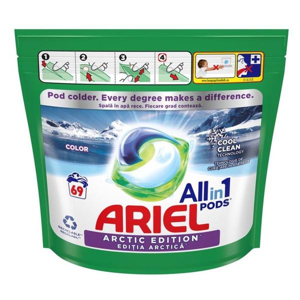 Detergent Automat Gel Capsule pentru Rufe Colorate - Ariel All in 1 Pods Color Arctic Edition, 69 buc