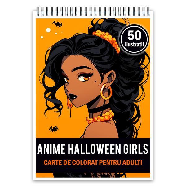 Carte de colorat pentru adulti, 50 de ilustratii Anime Halloween Girls, 106 pagini