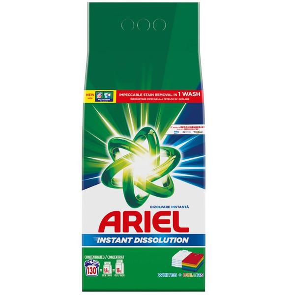 Detergent Automat Pudra pentru Rufe Albe si Colorate - Ariel Instant Dissolution Whites + Colors, 130 spalari, 9750 g