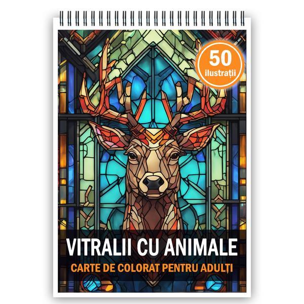 Carte de colorat, 50 de ilustratii, Vitralii cu Animale, 106 pagini