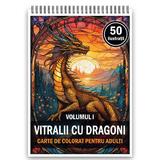Carte de colorat, 50 de ilustratii, Vitralii cu Dragoni - Volumul I, 106 pagini