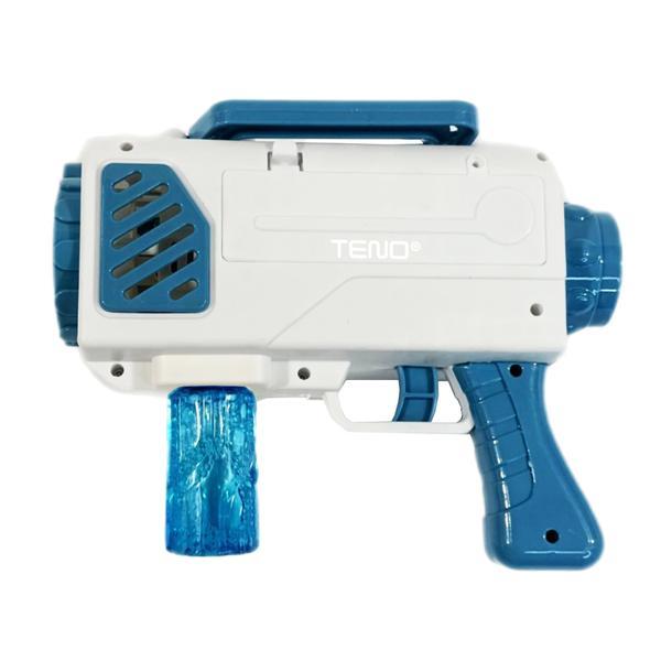 Pistol de Facut Baloane Bubble Gun Teno&reg;, tip Bazooka, automat, 10 orificii pentru bule, 2 rezerve incluse, alimentare cu baterii, alb/albastru