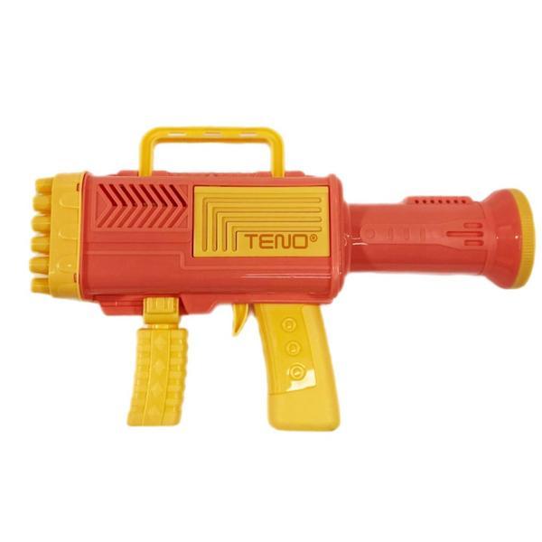 Pistol de Facut Baloane Bubble Gun Teno®, tip Bazooka, automat, 34 orificii pentru bule, alimentare cu baterii, portocaliu/rosu