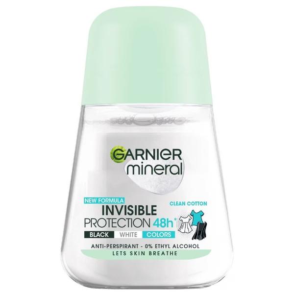 Deodorant Antiperspirant Roll-on - Garnier Mineral Invisible Protection 48h Black White Colors Clean Cotton, 50 ml