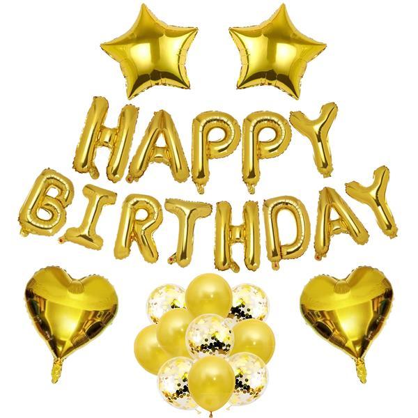 Set 27 Baloane Teno&reg;, Litere, pentru Petreceri/Aniversari/Evenimente, confetti, stelute, inimioare, model Happy Birthday, gold