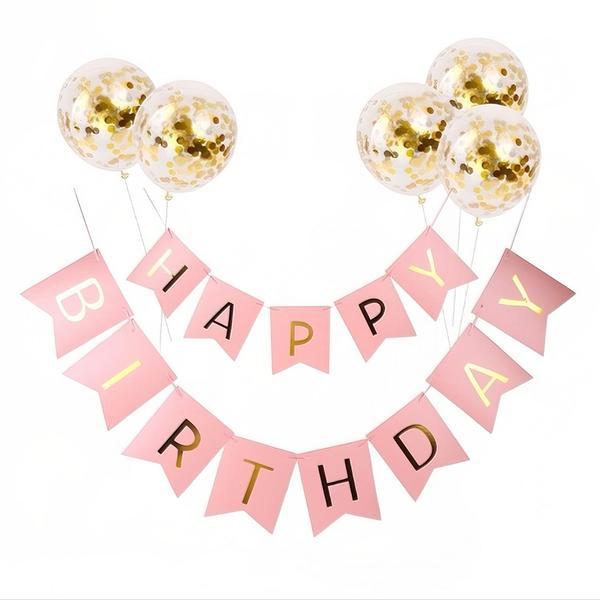 Set 5 Baloane cu Banner Teno®, Confetti, pentru Petreceri/Aniversari/Evenimente, model HAPPY BIRTHDAY, roz