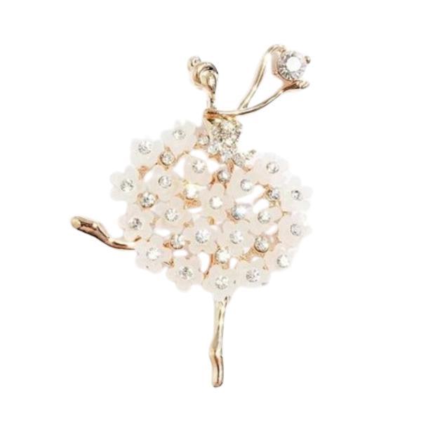 Brosa Ballerina, aurie, model floral in forma de balerina, decorata cu pietre